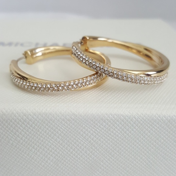 New Michael Kors Crystal Crossover Hoop Earrings - Picture 2 of 6